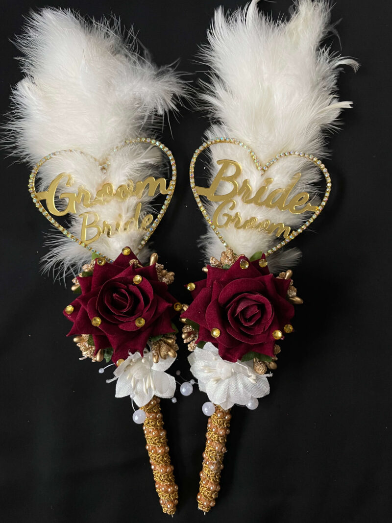 Fluffy White Feather Nikah Pen Set with Custom Names-dark maroon-3