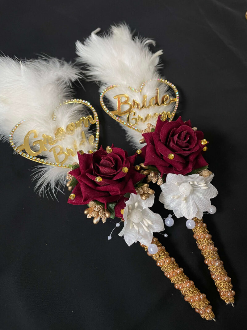 Fluffy White Feather Nikah Pen Set with Custom Names-dark maroon-1