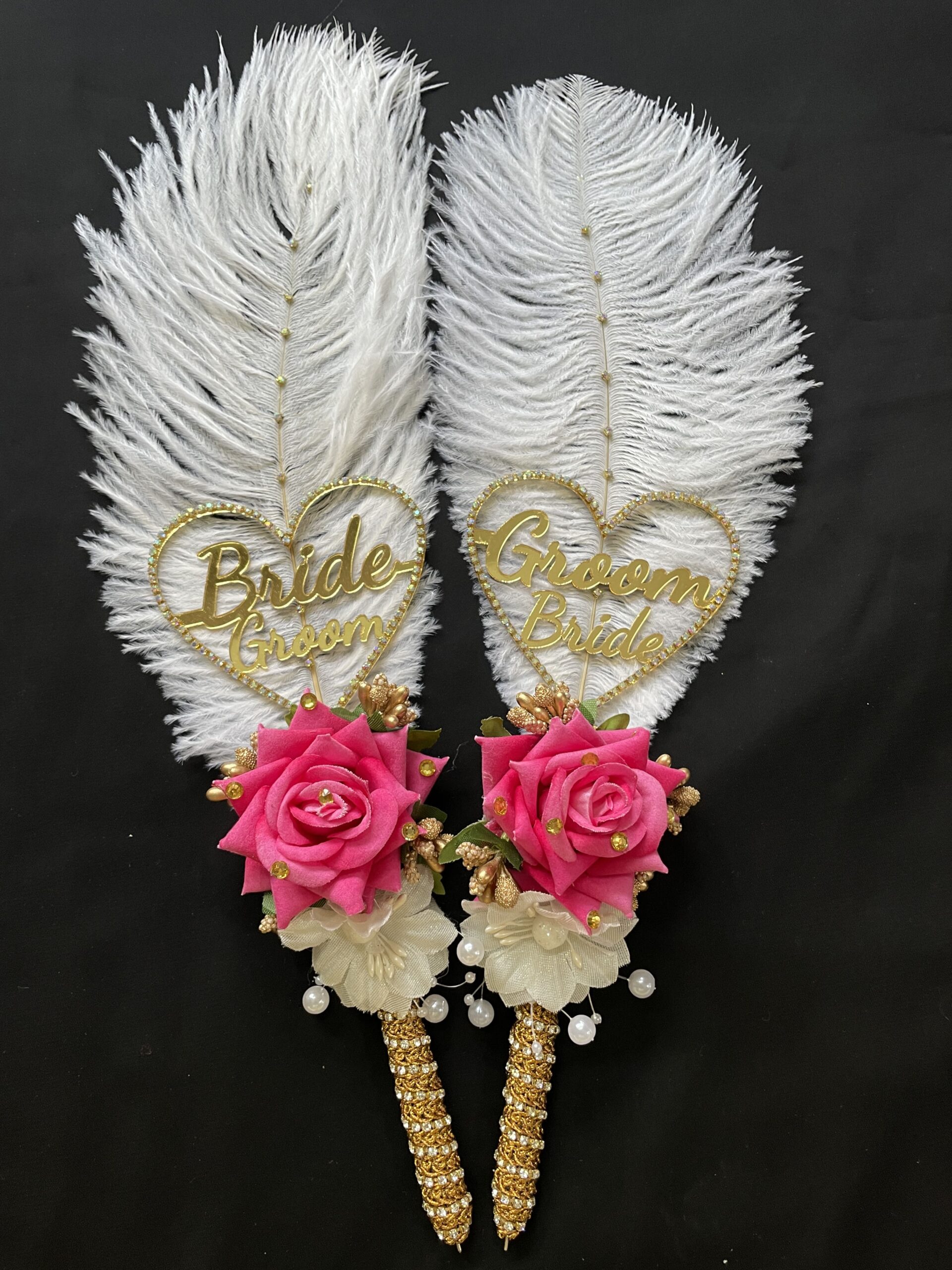 Heart-Shaped Ostrich Feather Nikah Pen Set-pink-3