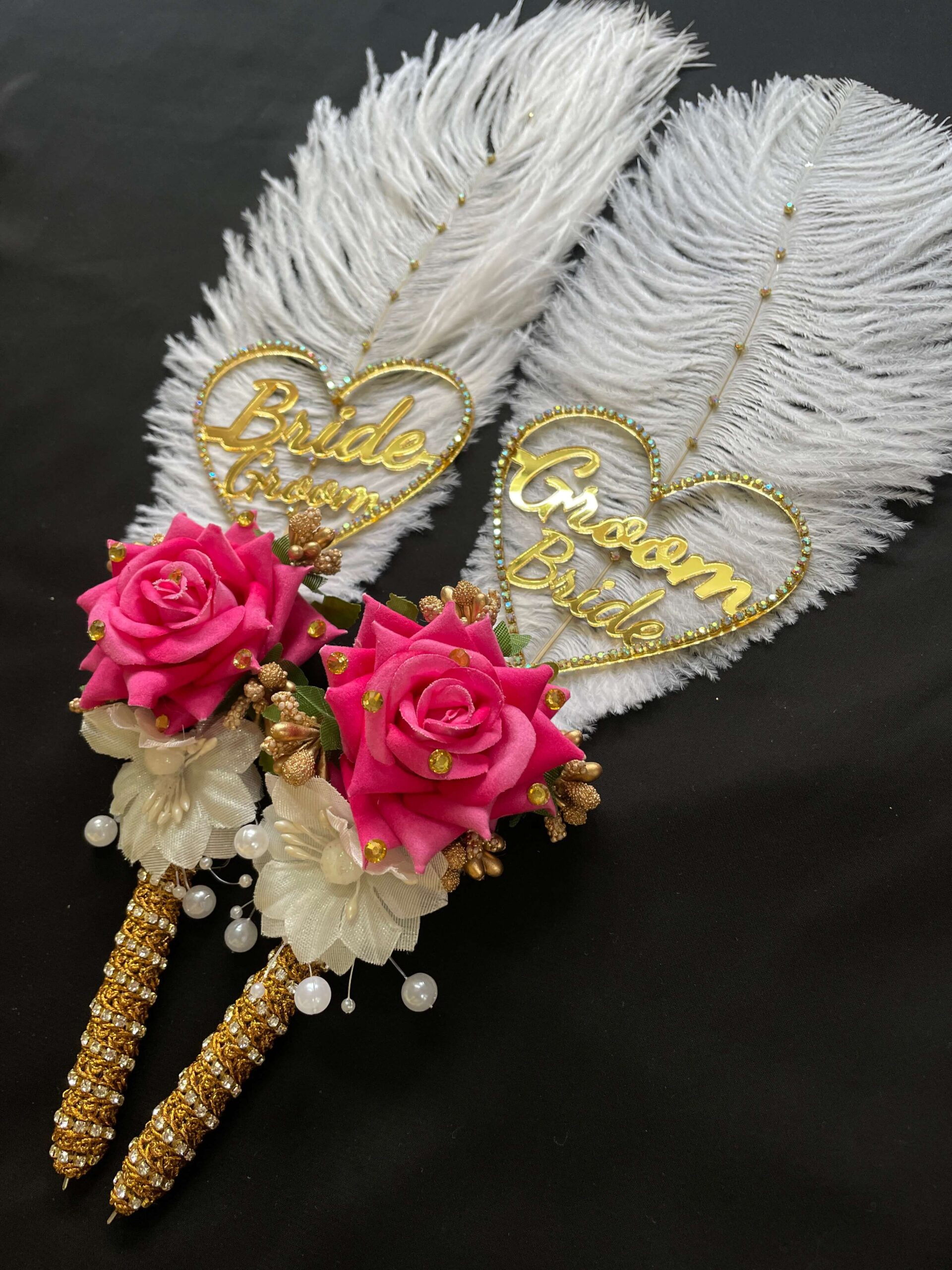Heart-Shaped Ostrich Feather Nikah Pen Set-pink-2
