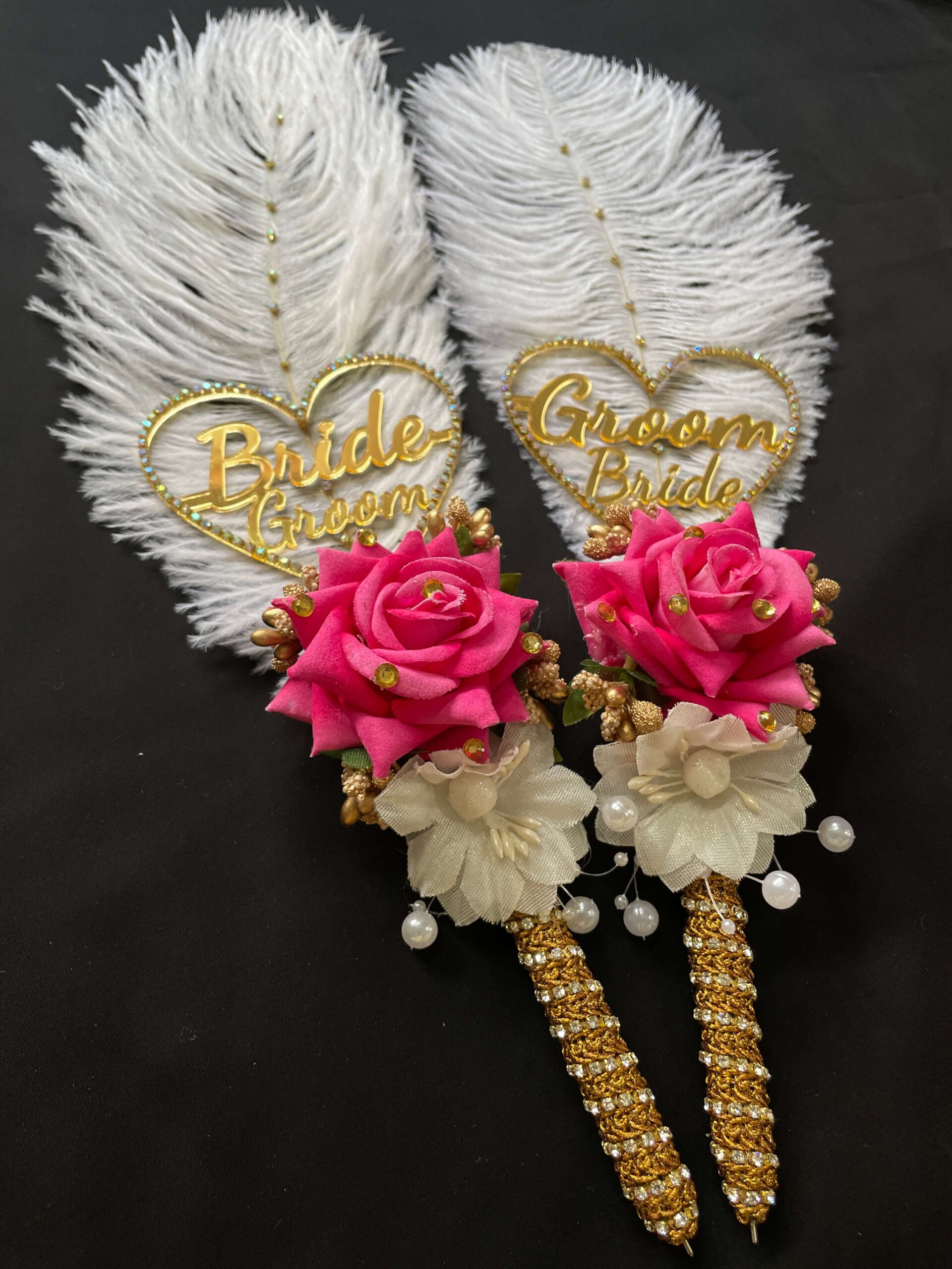 Heart-Shaped Ostrich Feather Nikah Pen Set-pink-1